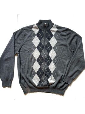 100% Merino Wool Long Sleeve‎ Zip Pullover Sweater Argyle Gray Mens XL NWOT